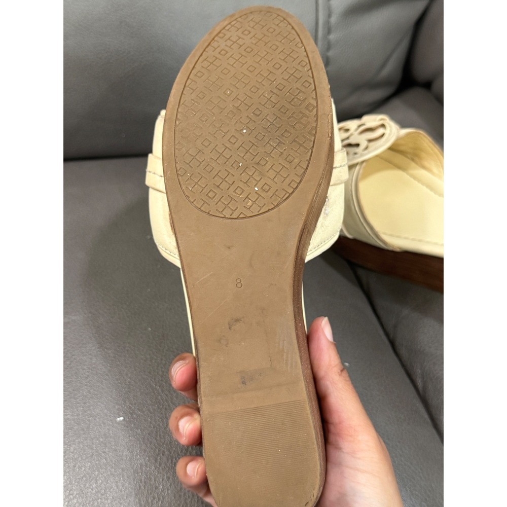 Tory Burch Miller Wedge Sandals Cream Leather Logo Slide Wood Heel 5919 Mens 8M - Picture 2 of 5
